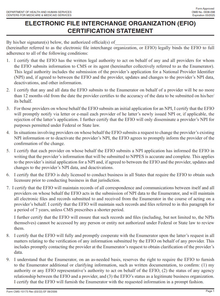 CMS 10175 - Electronic File Interchange Organization (EFIO) Certification Statement page 1