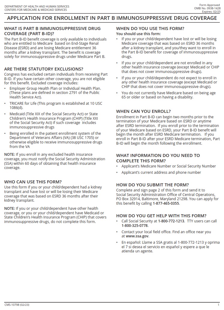 CMS 10798 - Application for Enrollment in Part B Immunosuppressive Drug Coverage page 1