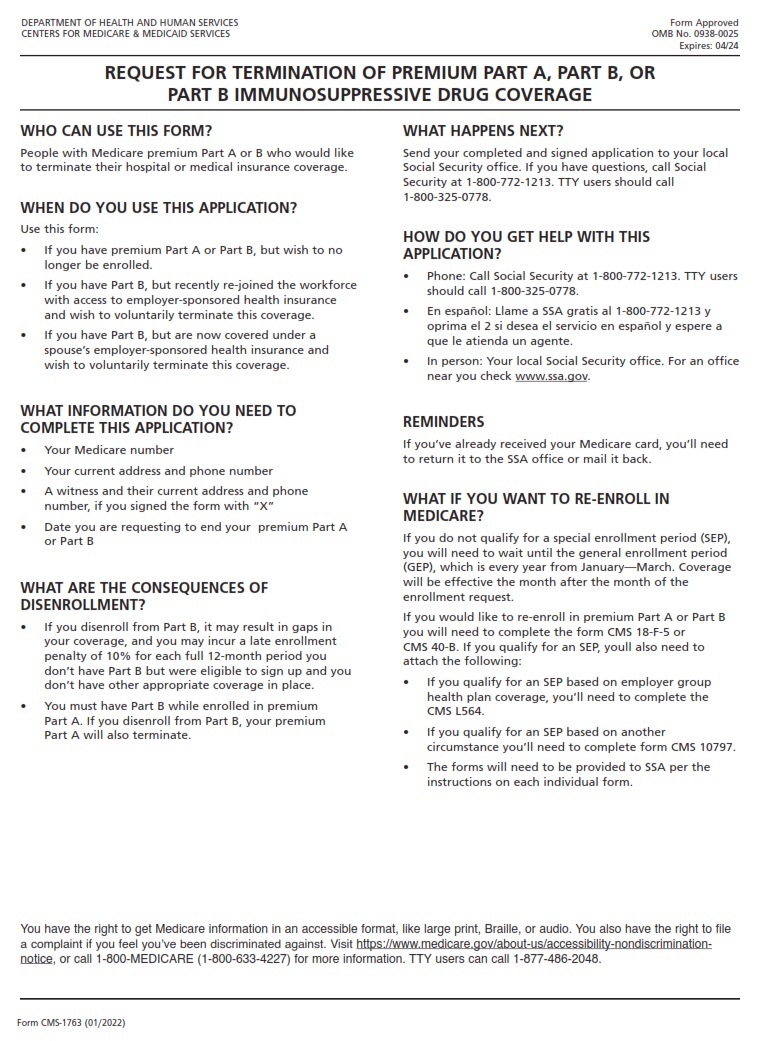 CMS 1763 - Request for Termination of Premium Hospital Insurance of Supplementary Medical Insurance Page 1