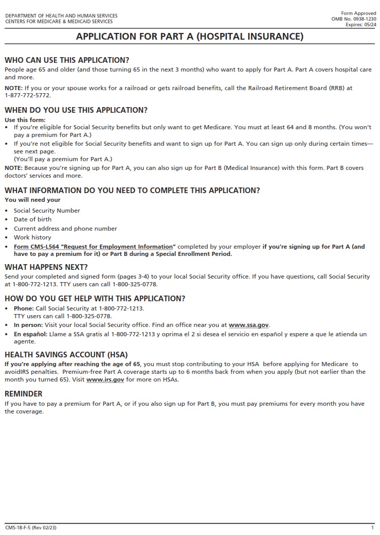 CMS 18-F-5 - APPLICATION FOR PART A (HOSPITAL INSURANCE) PAGE 1