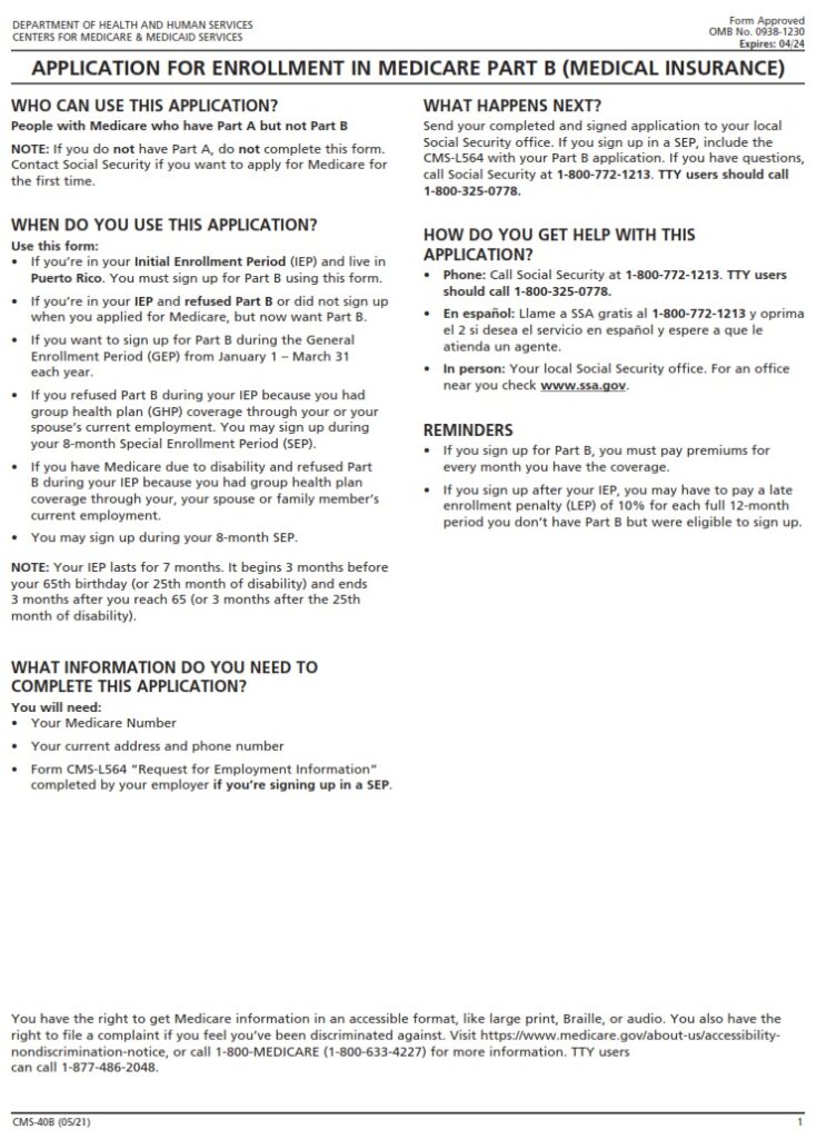 CMS 40B – Application for Enrollment in Medicare – Part B (Medical ...