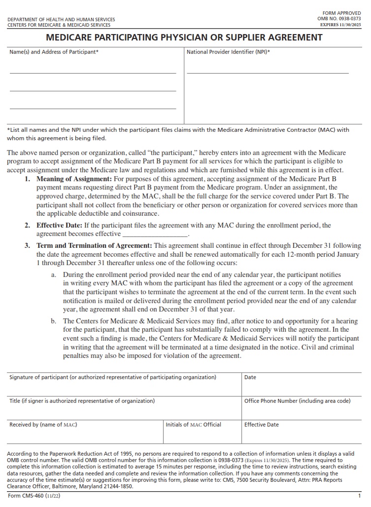 CMS 460 - MEDICARE PARTICIPATING PHYSICIAN OR SUPPLIER AGREEMENT page 1