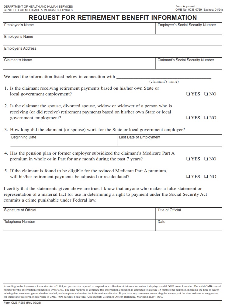 CMS R-285 - Request for Retirement Benefit Information