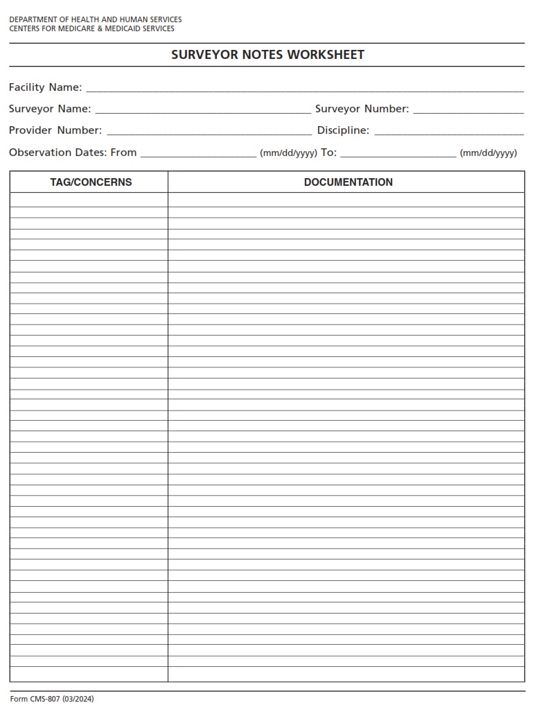 CMS 807 – Surveyor Notes Worksheet | CMS Forms