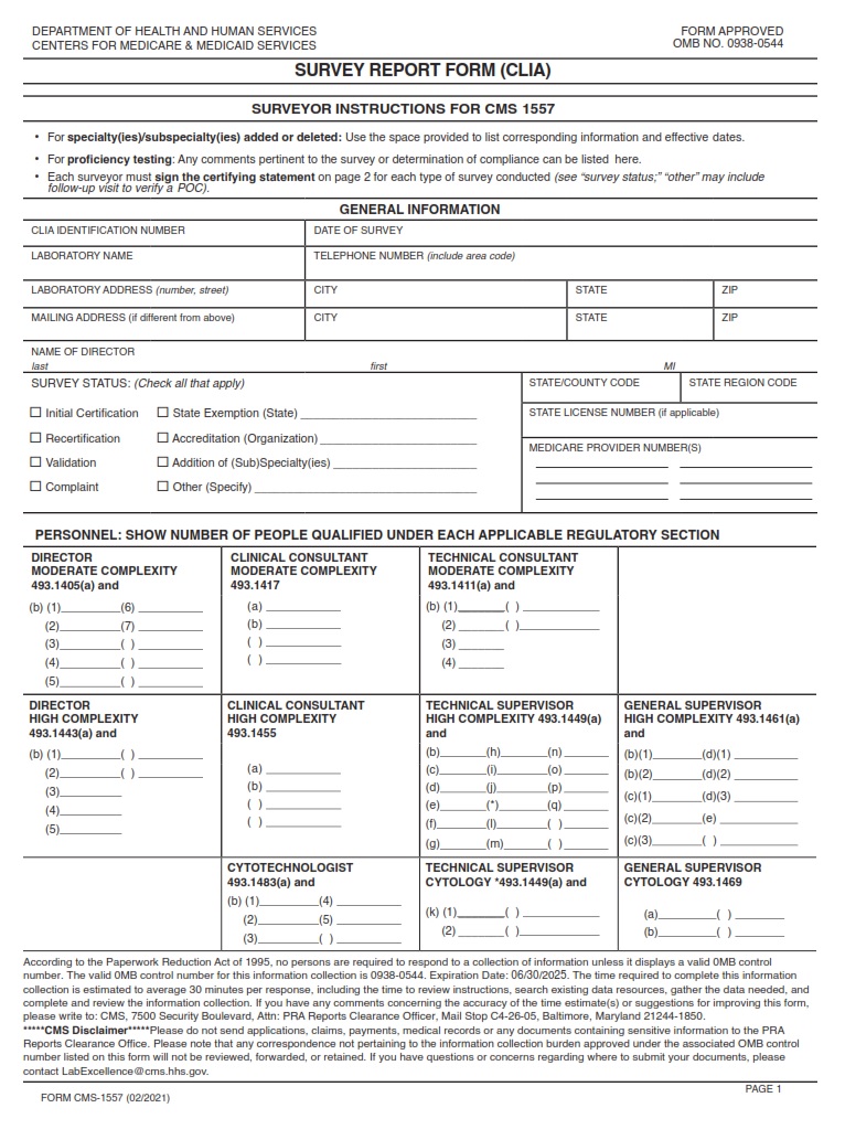 CMS 1557 – SURVEY REPORT FORM – CLIA | CMS Forms