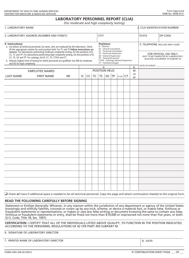 CMS 209 – LABORATORY PERSONNEL REPORT (CLIA) | CMS Forms