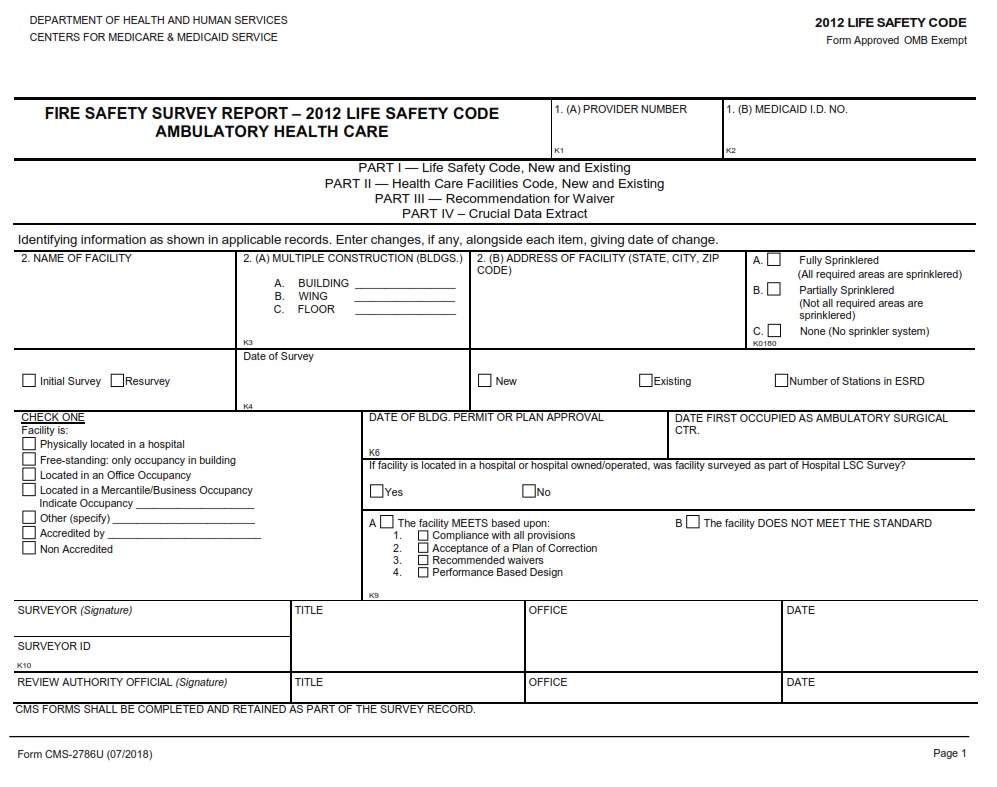 CMS 2786U – Fire Safety Survey Report – ASC & ESRD 2012 Life Safety ...