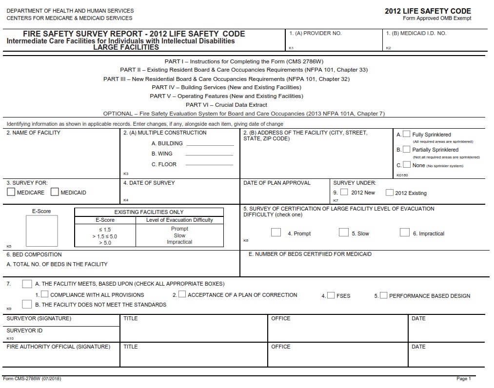 CMS 2786W – Fire Safety Survey Report – ICF-IID (Large Facilities) 2012 ...