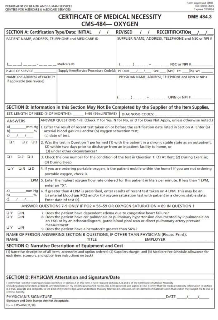 CMS 484 CERTIFICATE OF MEDICAL NECESSITY Oxygen DME 484.5 CMS Forms