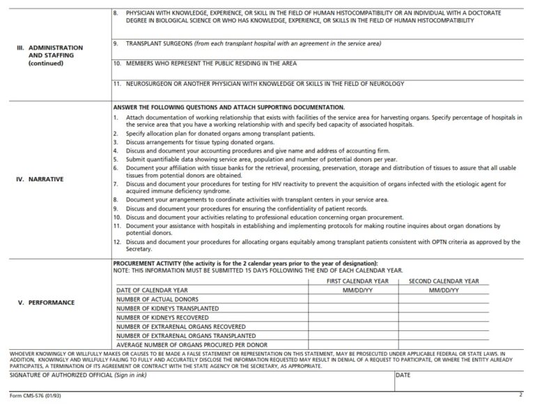 Request Designation Example CMS 576 – Organ Procurement Request for Designation as an OPO | CMS Forms