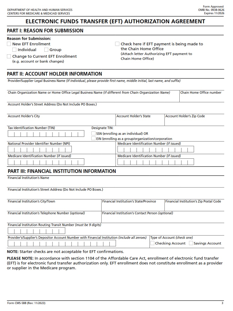 CMS 588 – Electronic Funds Transfer (EFT) Authorization Agreement | CMS ...