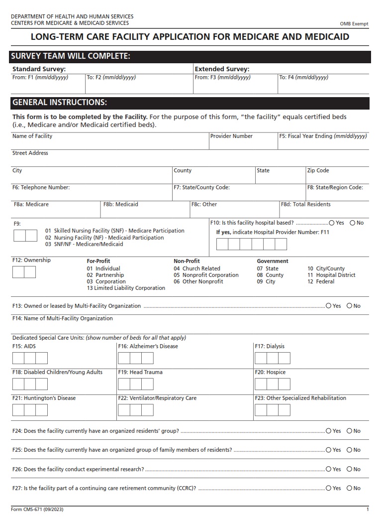 CMS 671 – LTC Facility Application for Medicare/Medicaid | CMS Forms