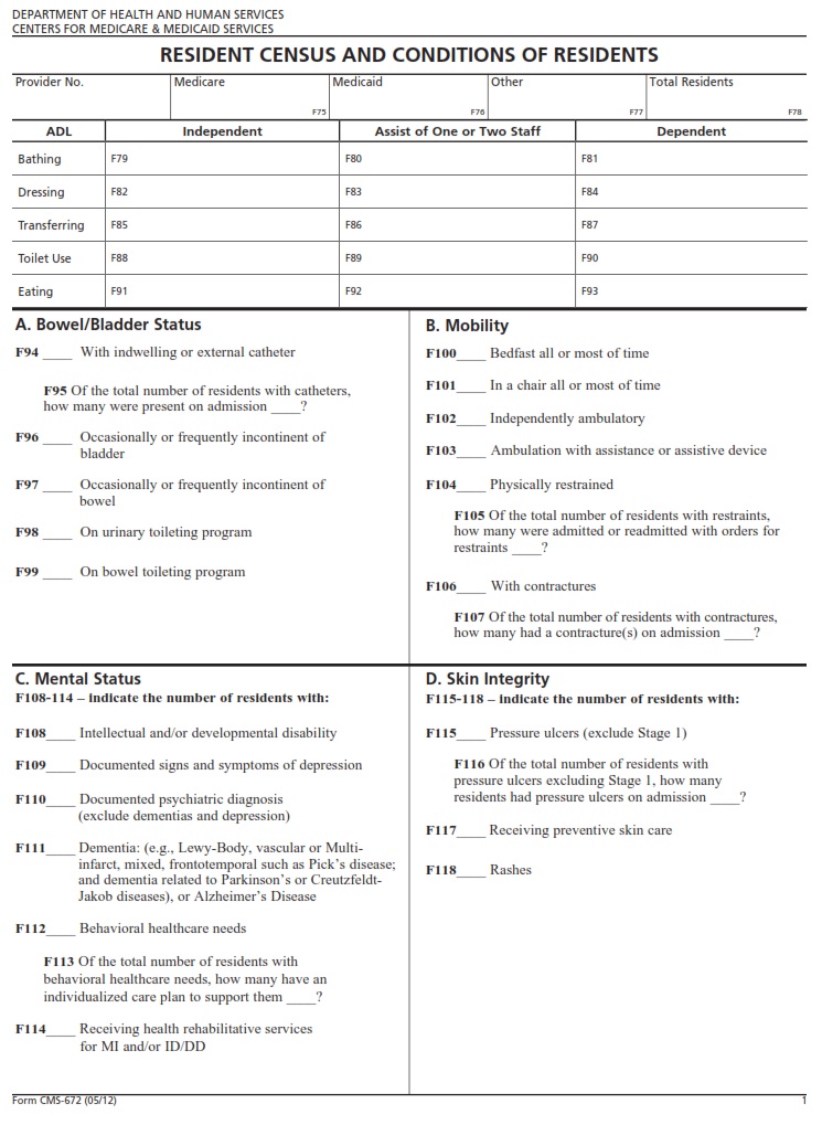 CMS 672 – Resident Census and Conditions of Residents | CMS Forms