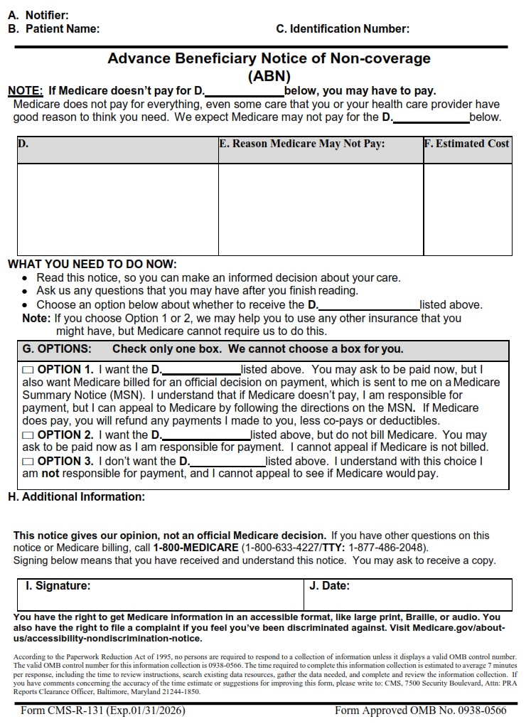 CMS R-131 – ADVANCE BENEFICIARY NOTICE (ABN) (English) | CMS Forms